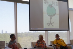 Original contributors Stephanie Coffin and Steve Wise discuss the Great Speckled Bird with GSU grad student Andy Reisinger on the 50th anniversary of its founding.