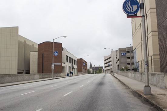 Courtland Street in 2015 from a similar vantage point. Today this section of Courtland Street is four lanes wide with no on-street parking. Photo by author.