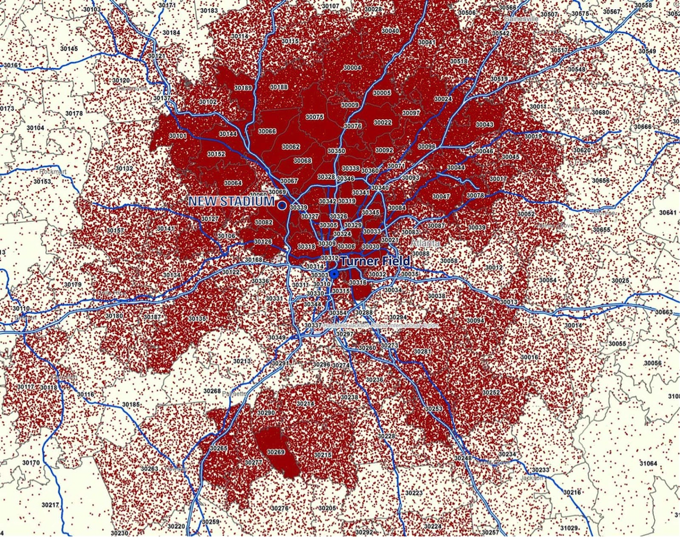 New Map of Braves Country, with red dots representing ticket sales.