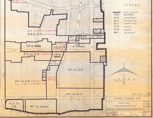 This map depicts how city planners rezoned parts of the city to “harmonize” land uses by removing mixed land uses and other “incompatible” elements.