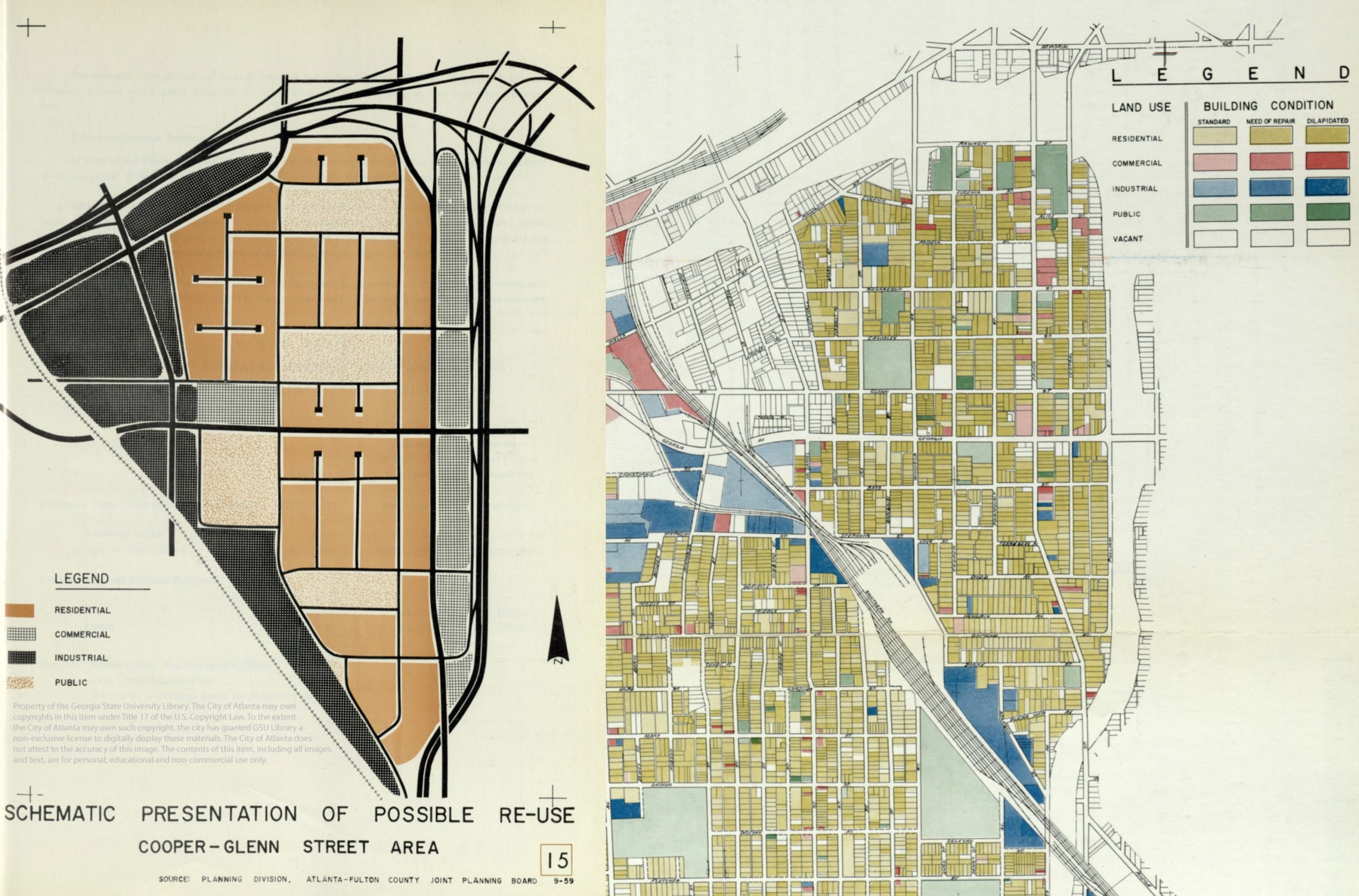 This Schematic Presentation of Possible Re-Use shows how city planners sought to segment and “harmonize” land use and disrupt the street grid pattern. The second map depicts actual land uses at the time in 1959.